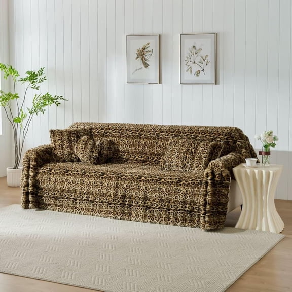 3D Bubble Mat Faux Fur Couch Cover,Thick Faux Rabbit Fur Couch Cover,L Shaped Sofa Slipcovers for Home Decoration and Dogs,Cats(Leopard Brown, 71" x 118")