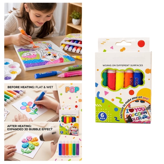 3D Bubble Popcorn Pens 6 Pack, Vibrant Puffy Paint Markers, Heat Expandable Embossed Drawing Pens, DIY Art Tools for Journal, Greeting Cards & Classroom Projects