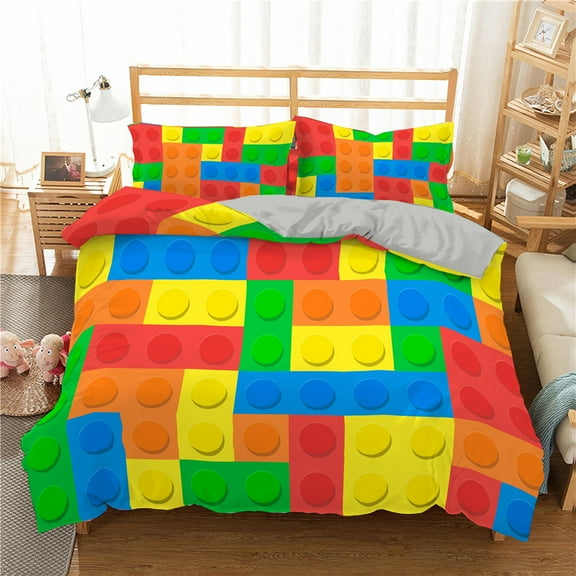 3D Building Block Pattern Duvet Cover Set Bedroom Polyester Quilt Cover Bedding Set with Pillowcase Home r King Size