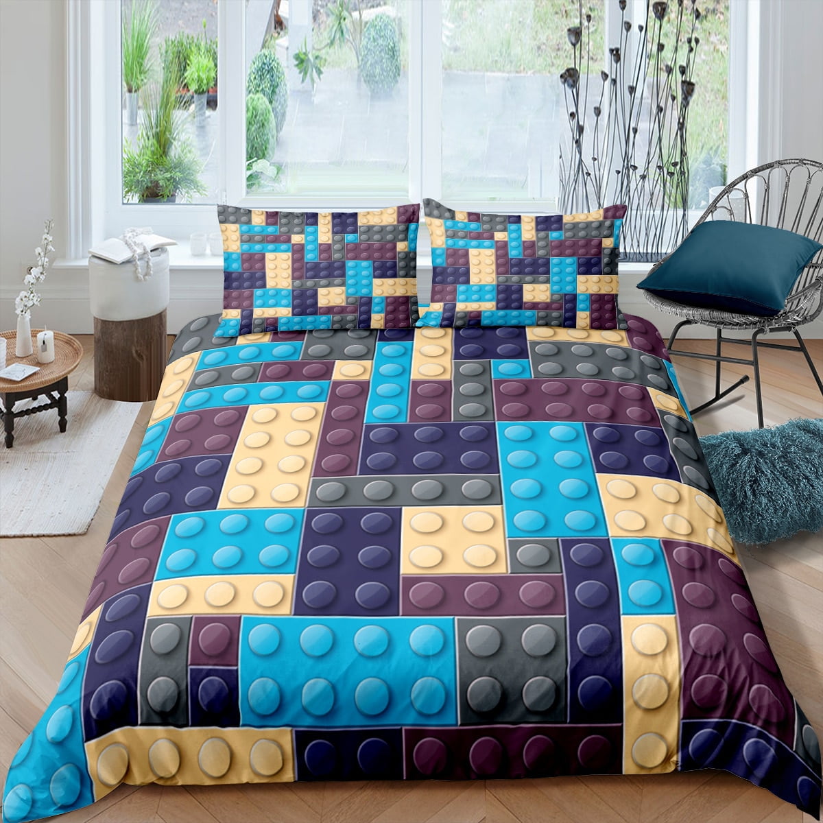 3D Building Block Puzzle Chess Pattern Duvet Cover Set for Boy Girl