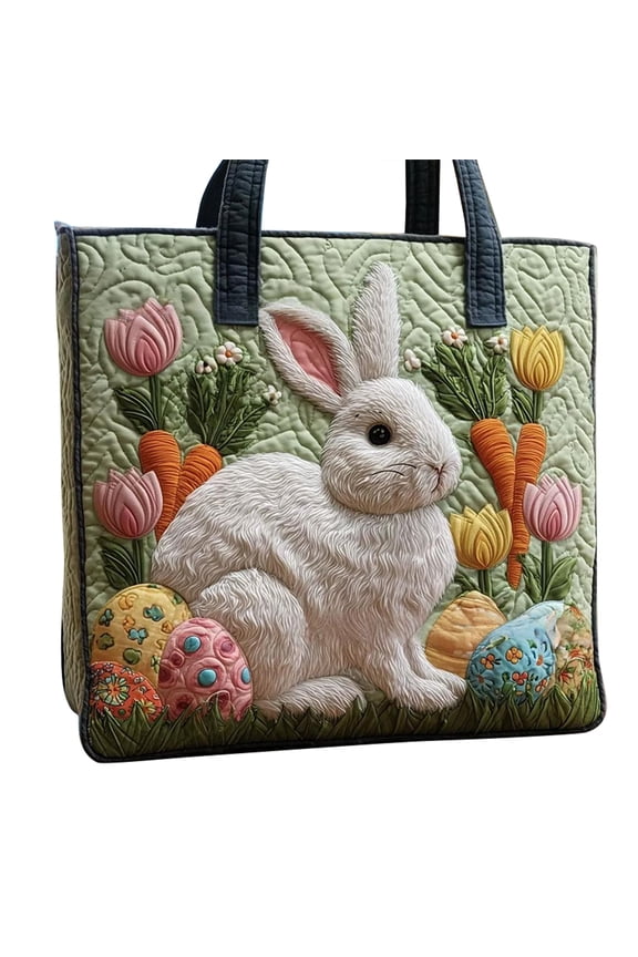 3D Bunny Easter Tote Bag with Quilted Design, Adorable Rabbit & Floral Print Handbag, Spacious Shoulder Bag for Easter Egg Hunts, Shopping & Gift Giving