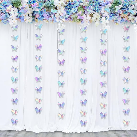3D Butterfly Garland 4 Pcs Iridescent Hanging Butterfly Decorations Holographic Butterflies Laser Paper Garland Decorative Butterfly Backdrop for Wedding Birthday Party Baby Shower, 6.5 ft/Pcs