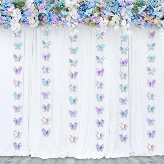3D Butterfly Garland 4 Pcs Iridescent Hanging Butterfly Decorations Holographic Butterflies Laser Paper Garland Decorative Butterfly Backdrop for Wedding Birthday Party Baby Shower, 6.5 ft/Pcs