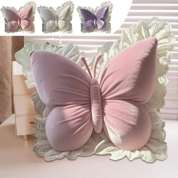 3D Butterfly Throw Pillow Butterfly Shaped Pillow with Lace Trim-Decorative, Cute Plush Velvet Decorative Pillow Cushion for Sofa Couch Bed, Lumbar Support Cushion for Office Chair & Car Seat