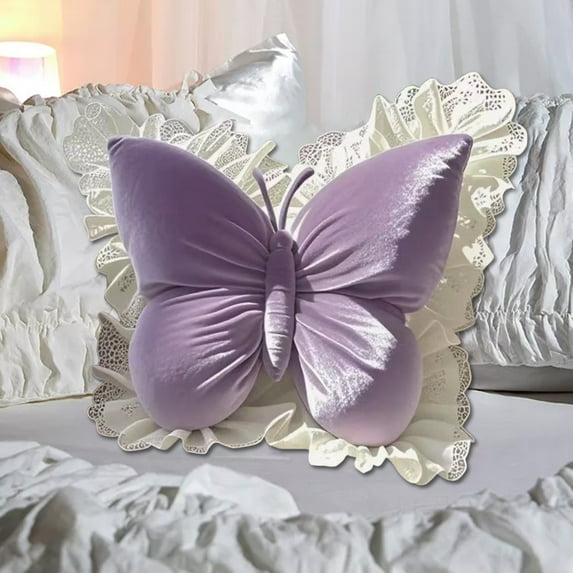 3D Butterfly Throw Pillow Butterfly Shaped Pillow with Lace Trim-Decorative, Cute Plush Velvet Decorative Pillow Cushion for Sofa Couch Bed, Lumbar Support Cushion for Office Chair & Car Seat