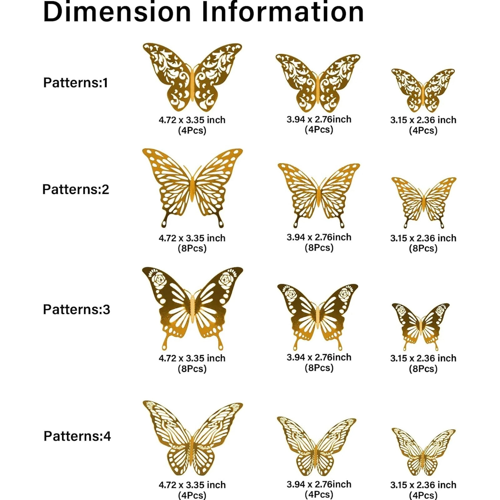 3D Butterfly Wall Decor – 48 Pieces, 4 Styles, 3 Sizes (3", 4", 5"), Gold Metallic, Removable Adhesive