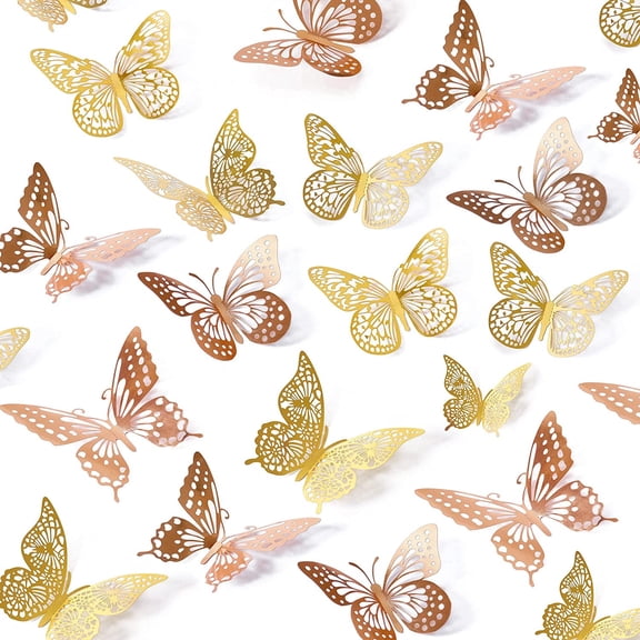 3D Butterfly Wall Decor 48 Pcs, 4 Styles, 2 Colors, 3 Sizes Removable Metallic Wall Sticker Room Mural Decals for Kids Bedroom Nursery Classroom Party Decoration