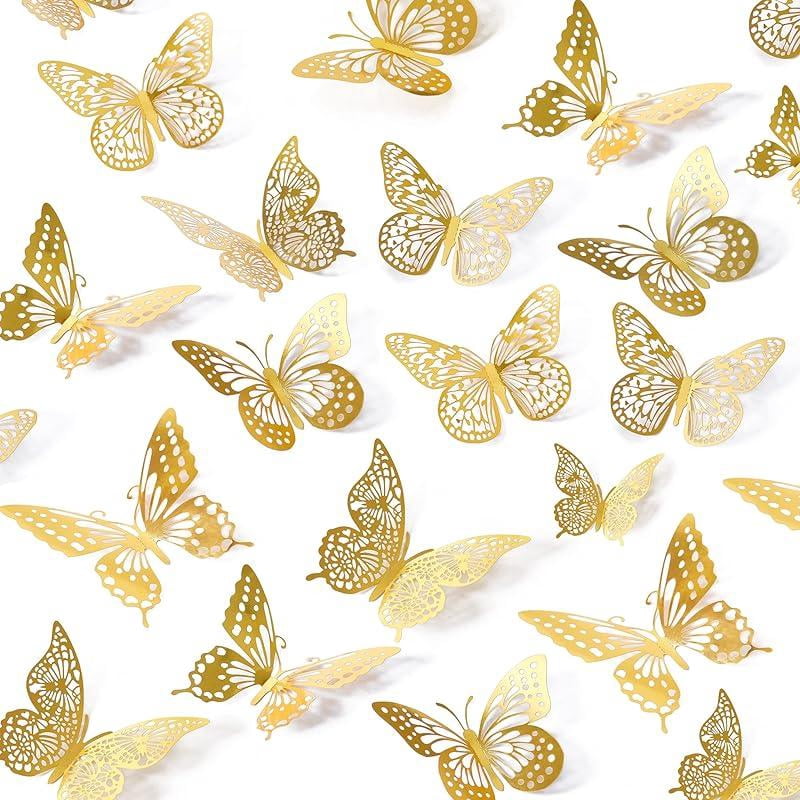 3D Butterfly Wall Decor - 48 Pcs, 4 Styles, 3 Sizes, Gold Butterfly ...