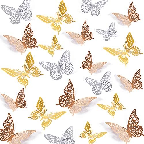 3D Butterfly Wall Decor, 72 Pcs 3 Styles 3 Sizes, Removable Metallic Wall Decor Sticker Room Mural Decals for Kids Bedroom Nursery Classroom Party Decoration Wedding Decor DIY Gift (3 Color)