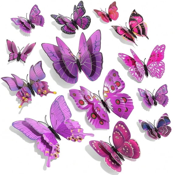 3D Butterfly Wall Decor Double Layer Party Locker Fridge Decal Reusable Purple 72 Pcs