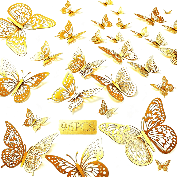 3D Butterfly Wall Decor Set of 96 Gold Butterfly Stickers 4 Styles 3 Sizes Removable Party Cake Decoration