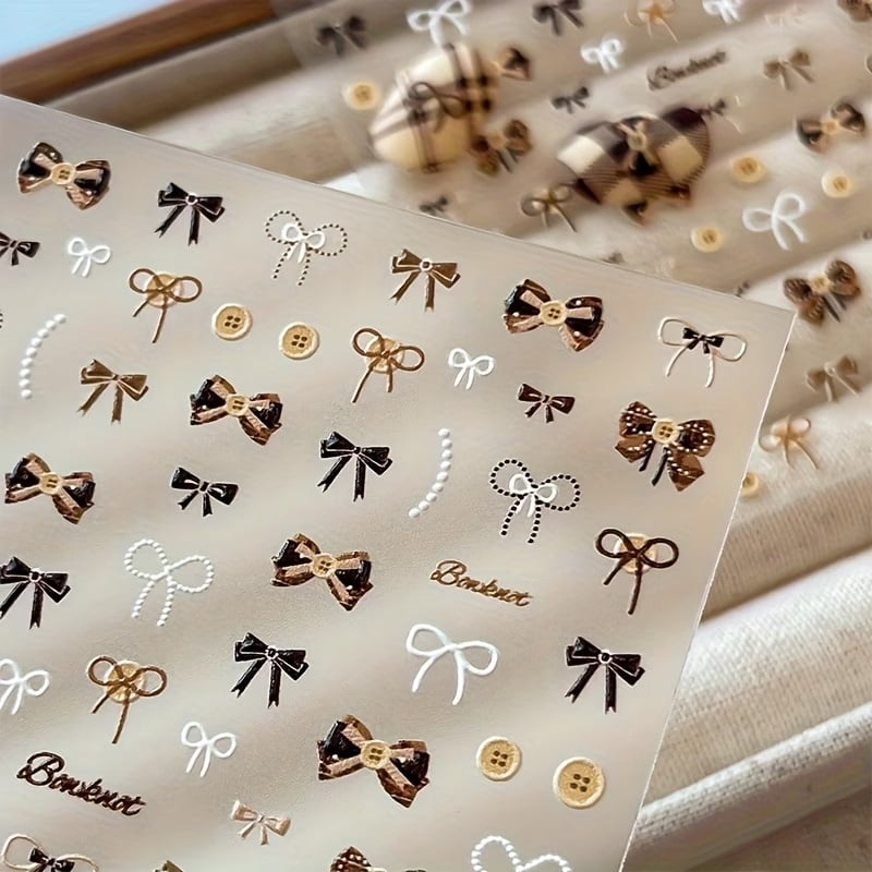 3D Button Bow Nail Stickers - Autumn & Winter Embossed Design with Milad Style Pearl Necklace for Nail Art Decoration