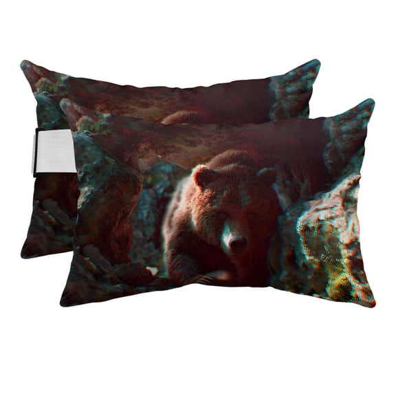 3D Cabin Bear Outdoor Pillows for Chaise Lounge Chair Beach Headrest Pillow Set of 2 Waterproof Lumbar Pillows with Insert&Adjustable Elastic Strap Misty Animals Black Rustic Pool Pillow 12"x20"