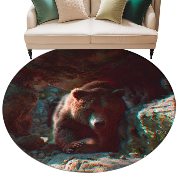 3D Cabin Bear Round Rug 8ft Washable Circle Rugs Non Slip Misty Animals Black Rustic Large Area Rug Indoor Floor Carpet for Bedroom Kitchen Living Room Home Office Dining Room Nursery