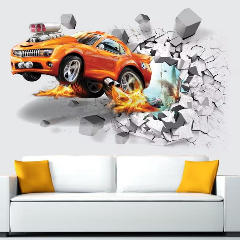 3D Car Wall Decals Broken Wall Sticker Self-Adhesive Leap Car Wall ...