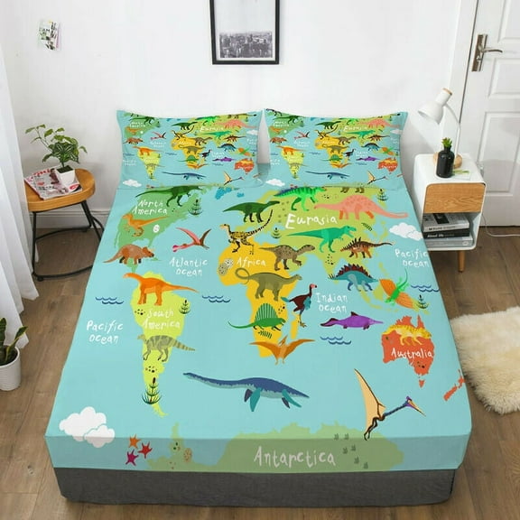 3D Cartoon Animal Map Printed Bed Sheet With Pillowcase Home Bedclothes Bed Set Fitted Cover,Twin (39"x75")
