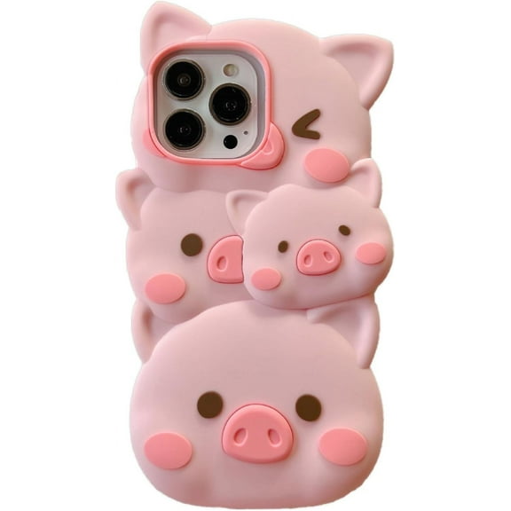 3D Cartoon Cute Overlaping Pig Soft for iPhone Case (Pink,iPhone 15)