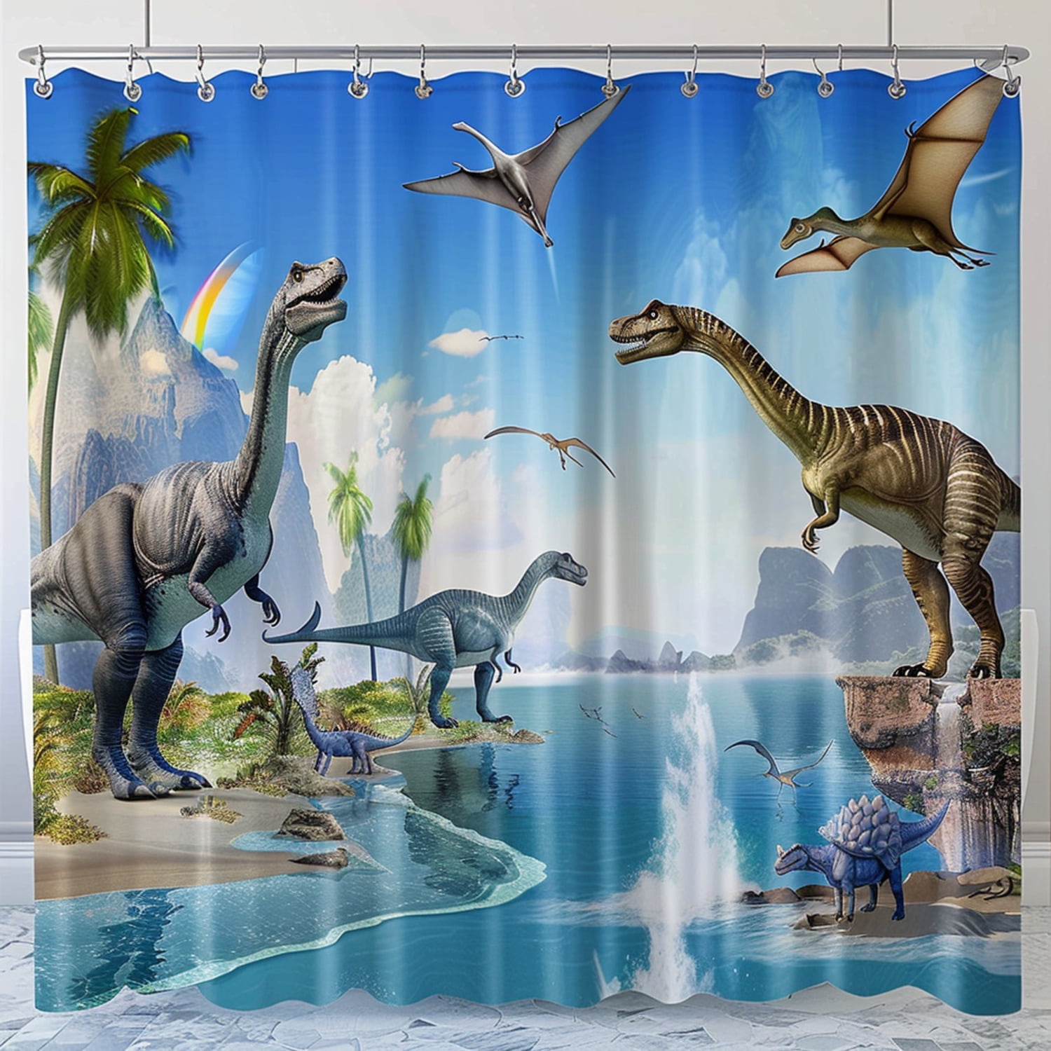3D Cartoon Dinosaur Prehistoric Landscape Shower Curtain Set Beach Sea ...