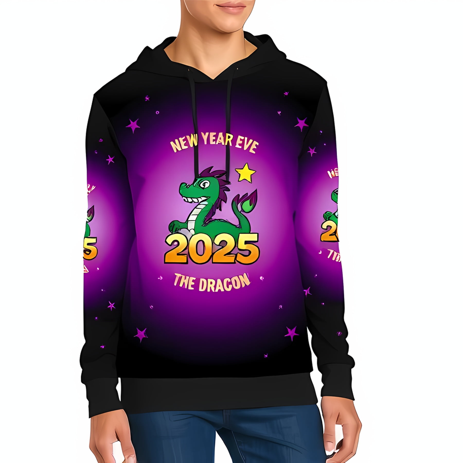 3D Cartoon Dragon Hoodie for New Year Eve 2025 Black with Purple