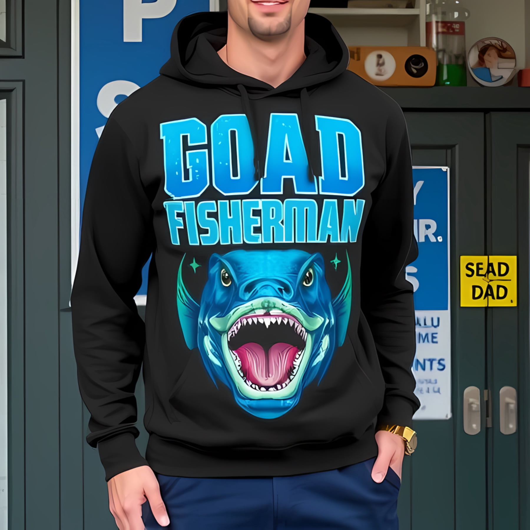 3D Cartoon Fish Graphic Hoodie - Bold 'GOAD FISHERMAN' Design in Teal ...