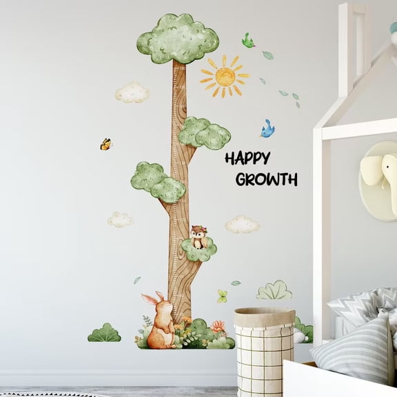 3D Cartoon Height Growth Chart for Kids Wall Stickers Removable DIY Jungle Animals and Plants Height Sticker Peel and Stick Sun White Clouds Wall Art Decor for Nursery Kids Bedroom Living Room