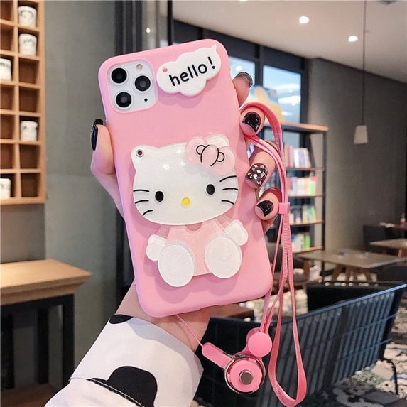 HYT 3D Cartoon KT Cat Phone Case with Makeup Mirror for iPhone 17 17Air 17Pro 16 15 Pro Max 14 13