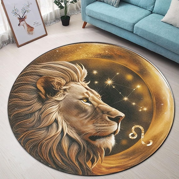 3D Cartoon Leo Round Area Rug, zodiac lion circle carpet for bedroom, nursery or meditation corner, soft washable non-slip floor mat, astrology home décor accent