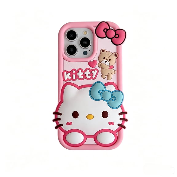 3D Cartoon Pink Cat Silicone Phone Case with Bow & Little Bear Pattern Shockproof Soft Protective Cover for iPhone 17 16 15 14 13 12 Pro Max 11