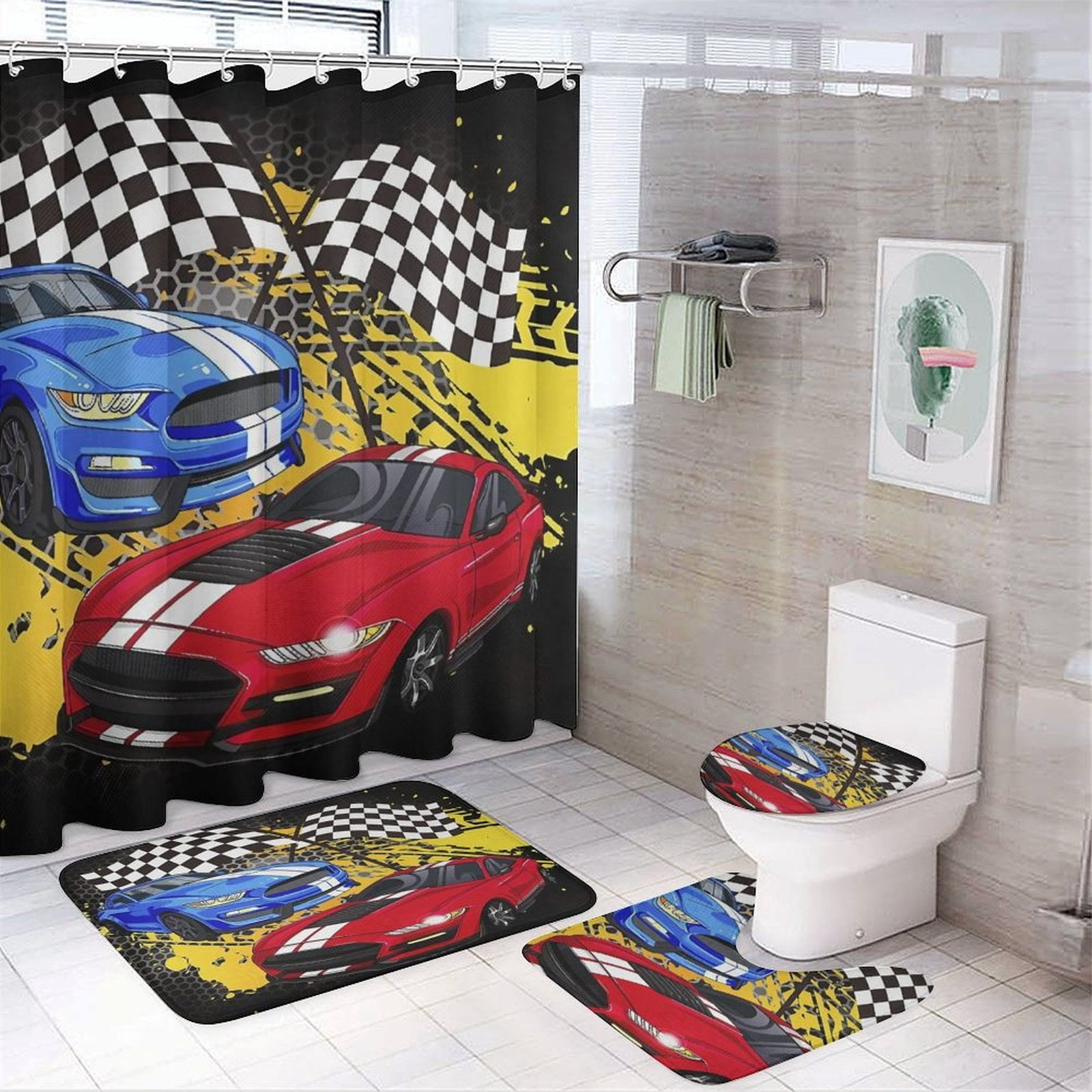3D Cartoon Race Sports Car Shower Curtain Waterproof Bathroom Curtain Set with Hooks Home Decor Bathroom Curtains 4pcs