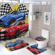 3D Cartoon Race Sports Car Shower Curtain Waterproof Bathroom Curtain Set with Hooks Home Decor Bathroom Curtains 4pcs