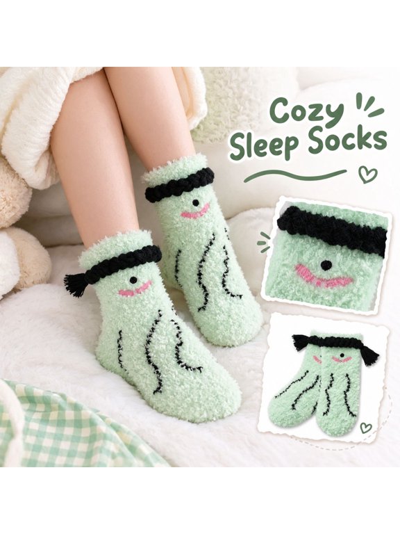 3D Cartoon Slipper Socks for Women Girls Cute Braided Pigtails Tassels Cartoon Face Soft Warm Fluffy Floor Bed Crew Socks Indoor Sleep Loungewear