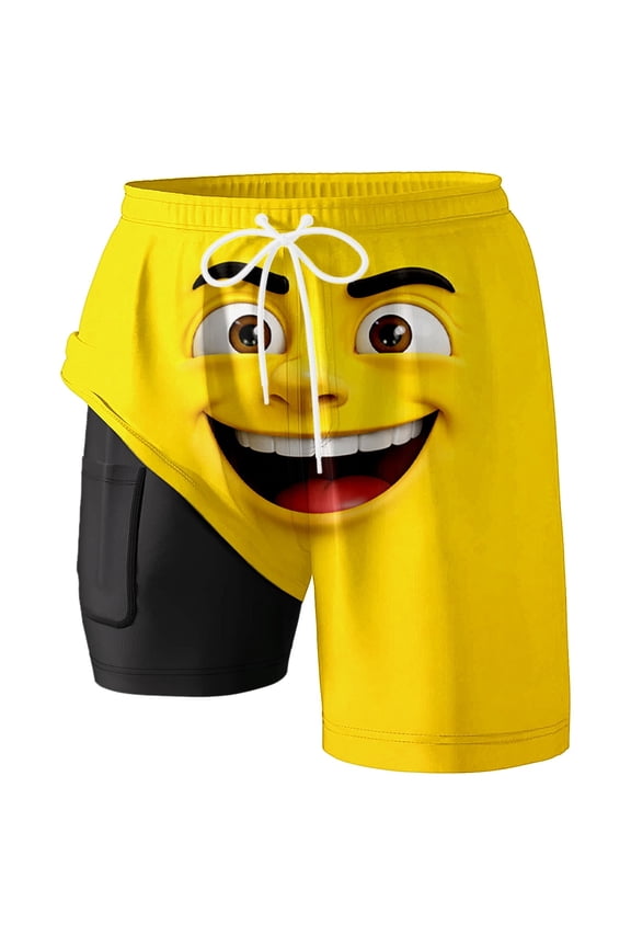 3D Cartoon Smile Face Swim Shorts Men's Board Shorts Double Layer Mens Swim Trunks Board Shorts Funny Cartoon Face Print Swimming Trunks Quick Dry Beach Shorts Casual Summer Short
