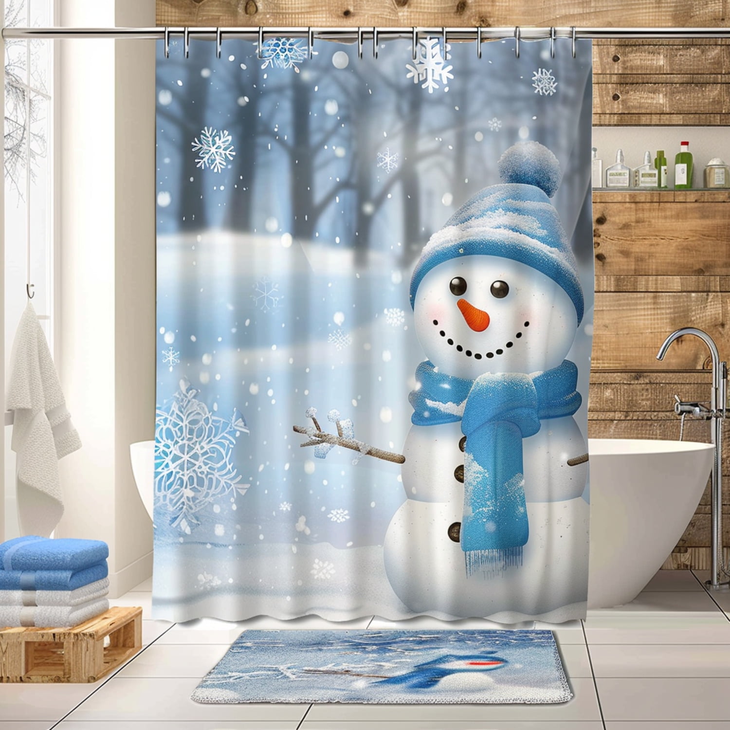 3D Cartoon Snowman Bathroom Decor Set with Blue Scarf and Hat Winter