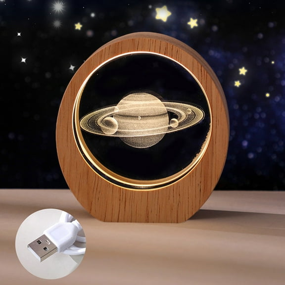 3D Carved Astronaut & Moon Crystal Night Light with Wooden Base - USB Powered, Soft Glow for Bedroom Decor & Unique Birthday Gifts