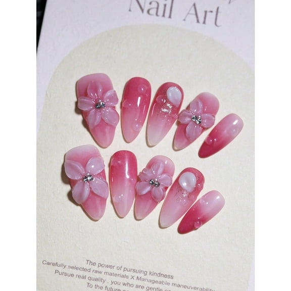 3D Carved Flower 100% Handmade Almond Press On Nail Tips with Gradient Rose Pink Color & Stylish French Nail Art Design, 10 Pieces