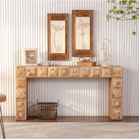 3D Carved Rustic Geometric Console Table Solid Wood MDF Entryway ...