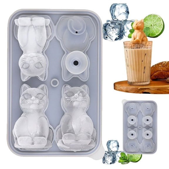 3D Cat Design Ice Cube Tray,Silicone Mold with Cover for Large Ice Cubes,Gray