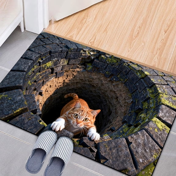 3D Cat Hole Area Rug Diatomite Absorbent Non- Visual Trap Floor Mat Optical Illusion Stone Well Carpet for Entryway, Bathroom & Living Room Decor