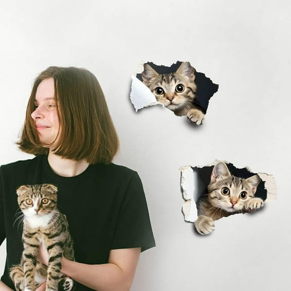 3D Cat Unzip The Zip Wall Decals Cat Breaking The Wall Wall Stickers Room Decor Cat Sticker Wallpaper for Playroom 3D Broken Wall Art Mural for Bathroom Toilet Room Wall Decor