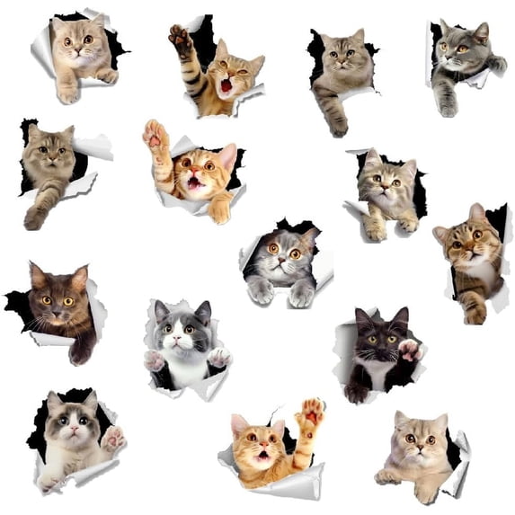 3D Cat Wall Sticker Breakint Cat Wall Decal Cute Animals Wall Decor ...
