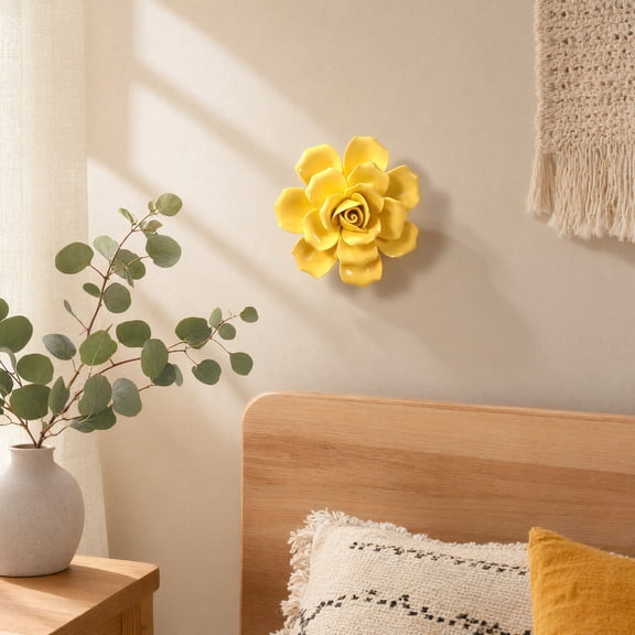 3D Ceramic Flower Wall Hanging Decor, Floral Ornament Mural for Living Room, Bedroom, Home Wall Background