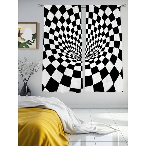 3D Checkerboard Tunnel Chiffon Sheer Curtains 63 Inches Long Black White Optical Illusion Rod Pocket Window Curtains Voile Drapes Curtains for Living Room Bedroom,2 Panels