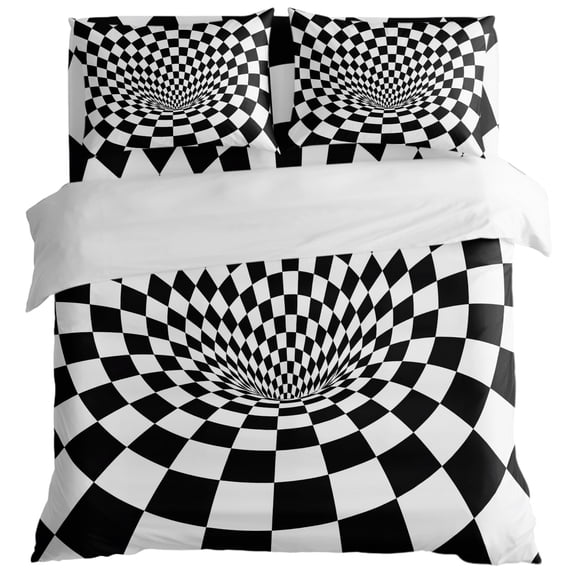 3D Checkerboard Tunnel King Size Bed Set,Black White Optical Illusion Bedding for All Seasons,4 Pcs Bed Set with 1 Quiltcover (104"x90"),1 Sheet (108"x98"),2 Pillowcases (20"x36")