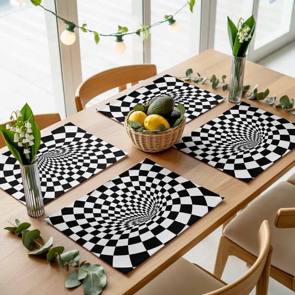 3D Checkerboard Tunnel Placemats Set of 4,Wipeable Washable Table Mats for Dining Tables, Black White Optical Illusion Place Mats for Kitchen Event Party Tabletop Decor