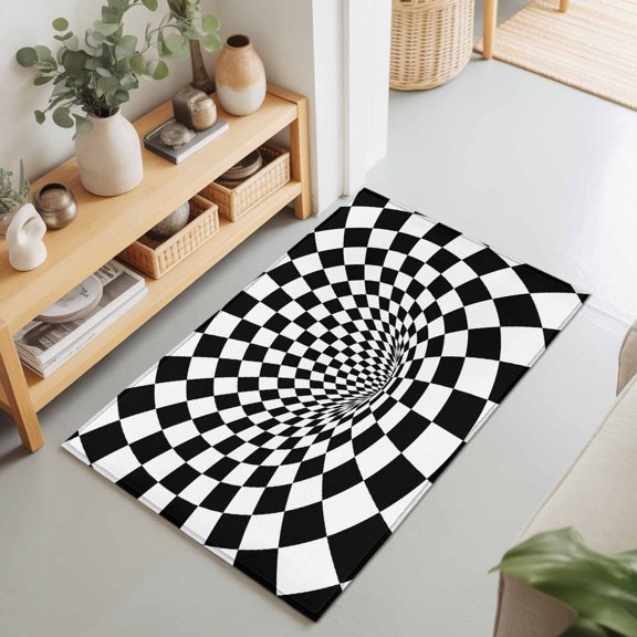 3D Checkerboard Tunnel Rectangle Area Rug 2x3ft,Living Room Rug Non-Slip Washable Circle Rugs Pad,Black White Optical Illusion Soft Floor Carpet for Bedroom Dining Room