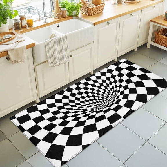 3D Checkerboard Tunnel Rectangle Area Rug 2x6ft,Living Room Rug Non-Slip Washable Circle Rugs Pad,Black White Optical Illusion Soft Floor Carpet for Bedroom Dining Room