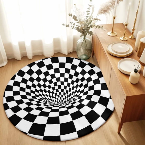 3D Checkerboard Tunnel Round Area Rug 3ft,Living Room Rug Non-Slip Washable Circle Rugs Pad,Black White Optical Illusion Soft Floor Carpet for Bedroom Dining Room