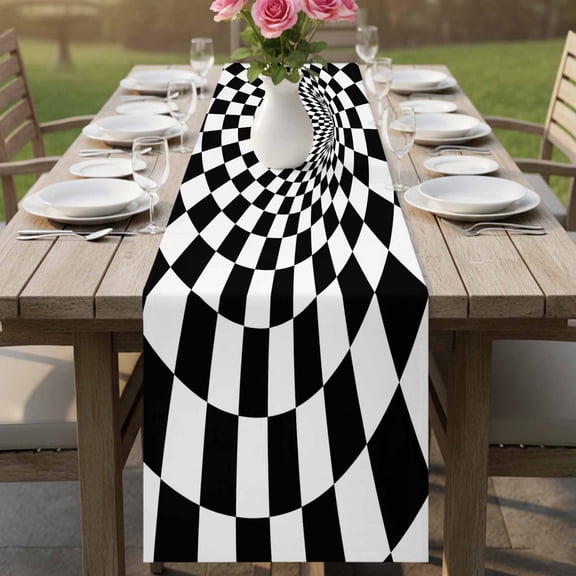 3D Checkerboard Tunnel Table Runner 13x36in Non-Slip Cotton Linen Table Runners, Black White Optical Illusion Dresser Scarves TableRunner for Dinner Kitchen Dining Wedding Party