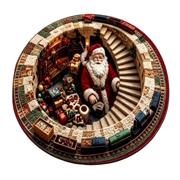 3D Christmas 40inch Round Rug, Optical Illusion Christmas Rug for Indoor Outdoor Use, Custom Santa Claus 3D Effect Design Floor Mat for Living Room & Bedroom Christmas Decor