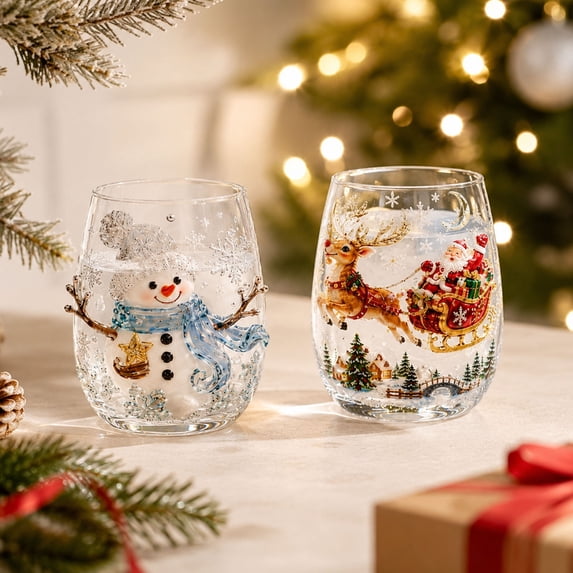 3D Christmas Art Glass Cup Collection, Handcrafted Stemless Xmas Wine Glasses, Festive Holiday Glassware for Christmas Parties and Home Decor Gifting